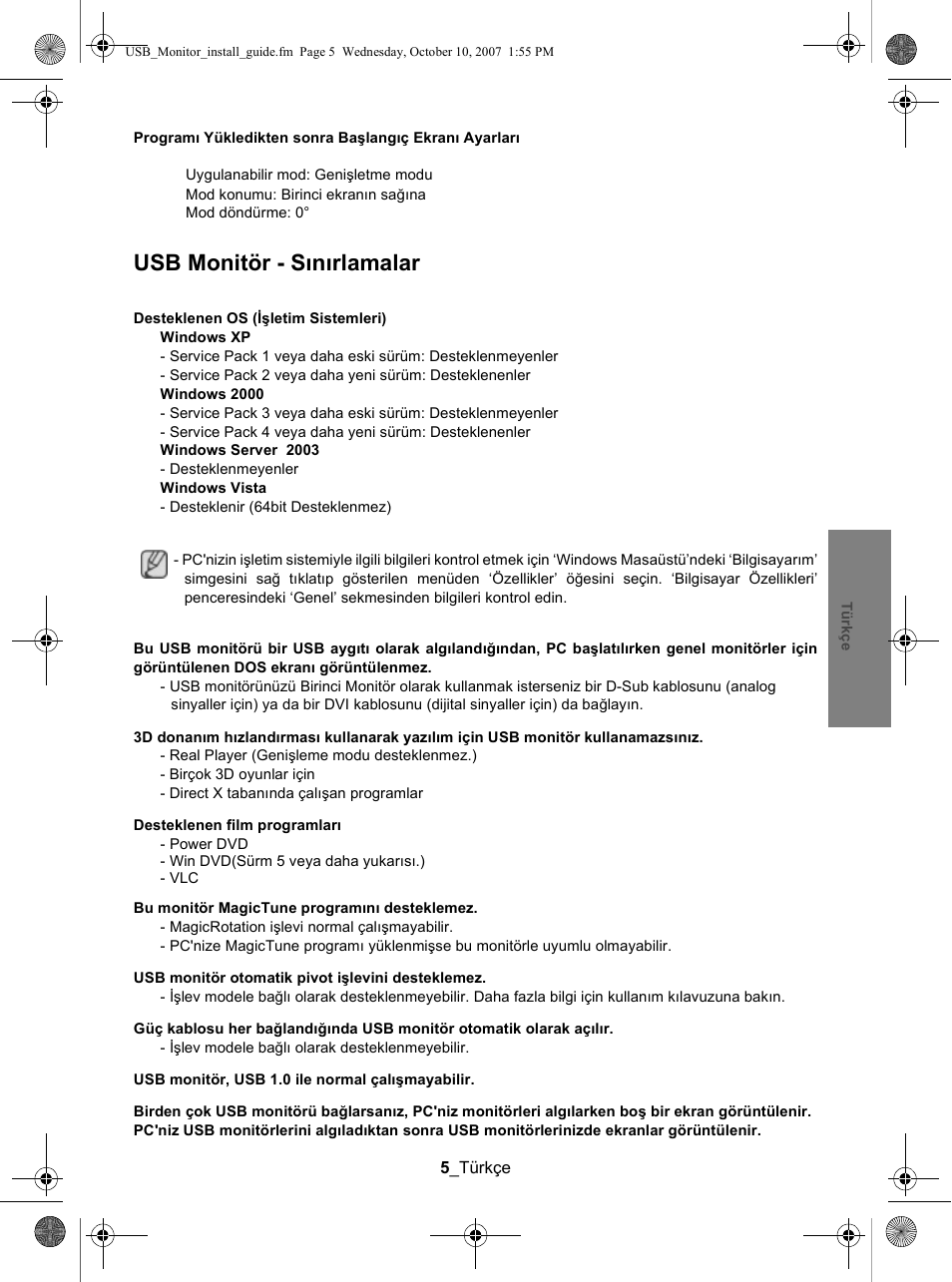 Usb monitör - sınırlamalar | Samsung LS19UBPEBQ-XAA User Manual | Page 25 / 47