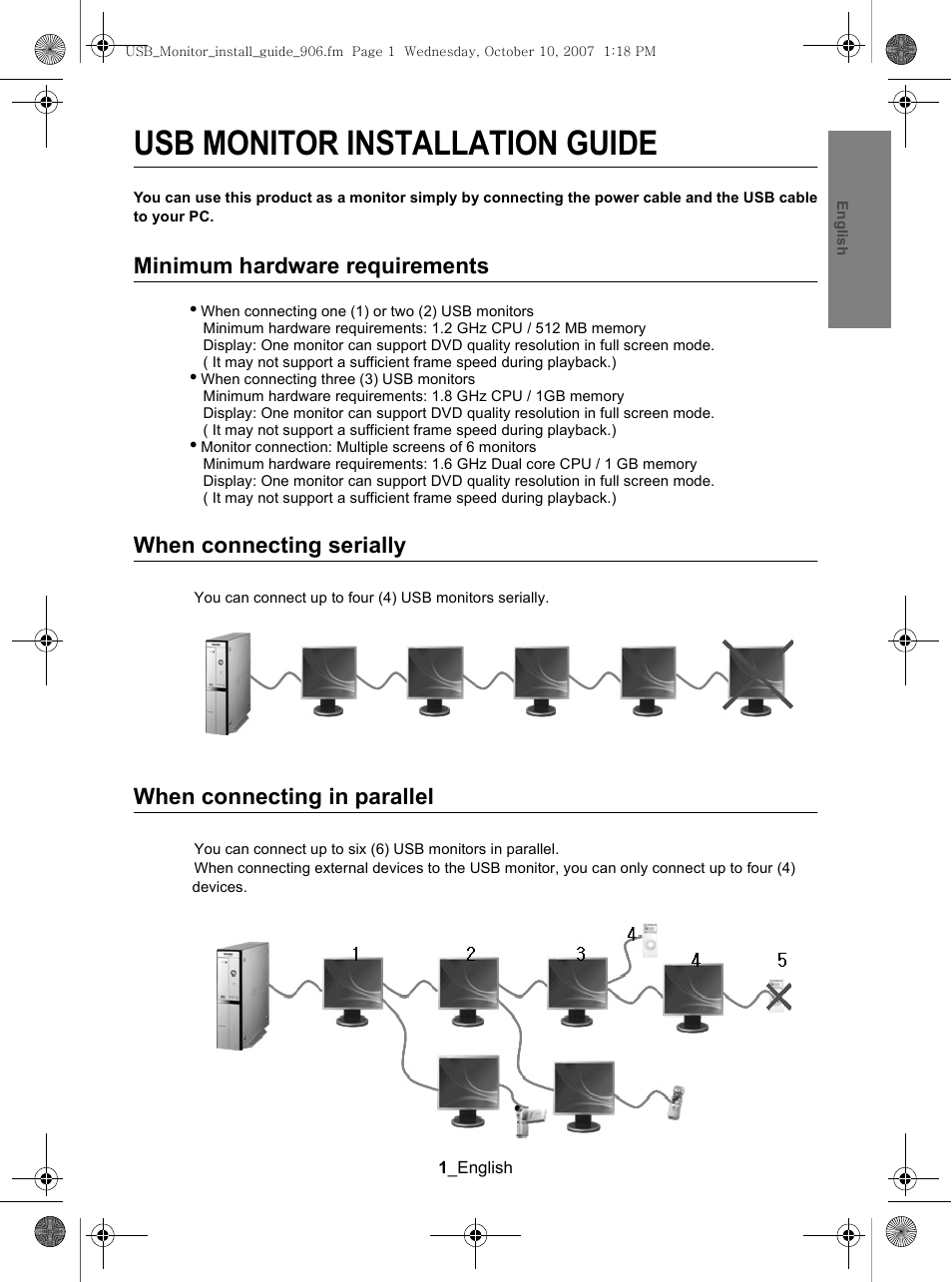 Usb monitor installation guide, Minimum hardware requirements, When connecting serially | When connecting in parallel, 直列接続の場合, 並列接続の場合, Seri olarak ba²larken, Paralel ba²larken, 最低硬體需求, 序列連接時 | Samsung LS19UBPEBQ-XAA User Manual | Page 3 / 47