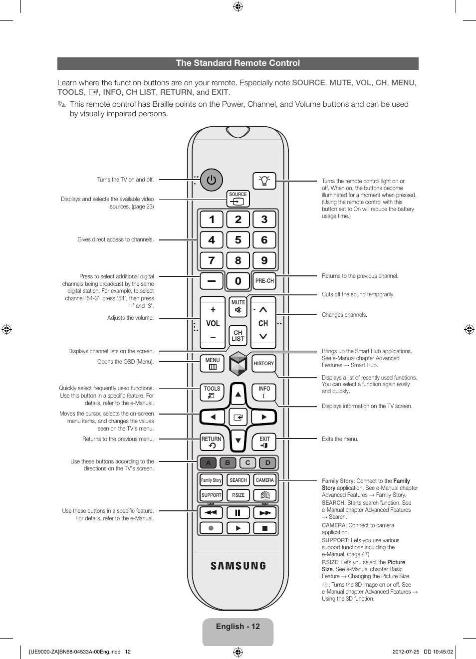 The standard remote control | Samsung UN75ES9000FXZA User Manual | Page 12 / 62