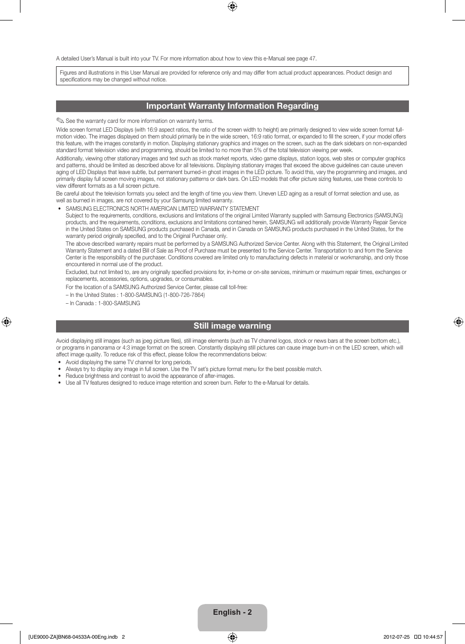 Important warranty information regarding, Still image warning | Samsung UN75ES9000FXZA User Manual | Page 2 / 62