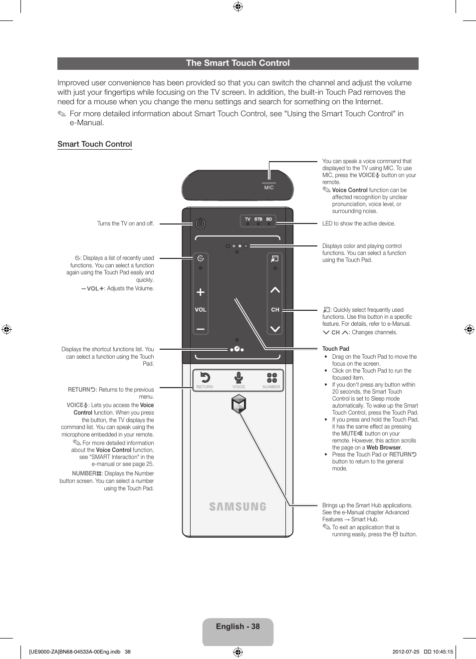 The smart touch control | Samsung UN75ES9000FXZA User Manual | Page 38 / 62