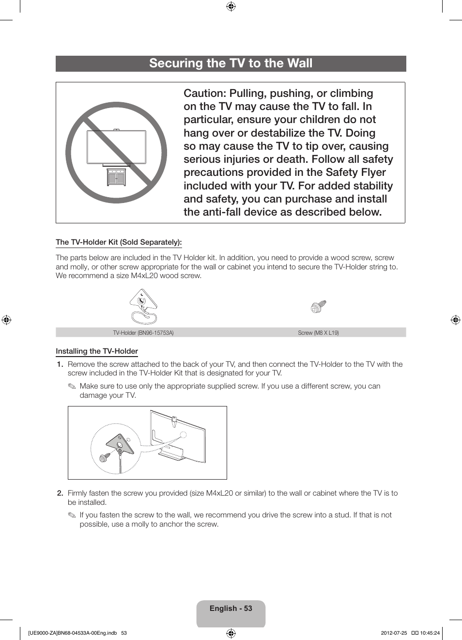 Securing the tv to the wall | Samsung UN75ES9000FXZA User Manual | Page 53 / 62