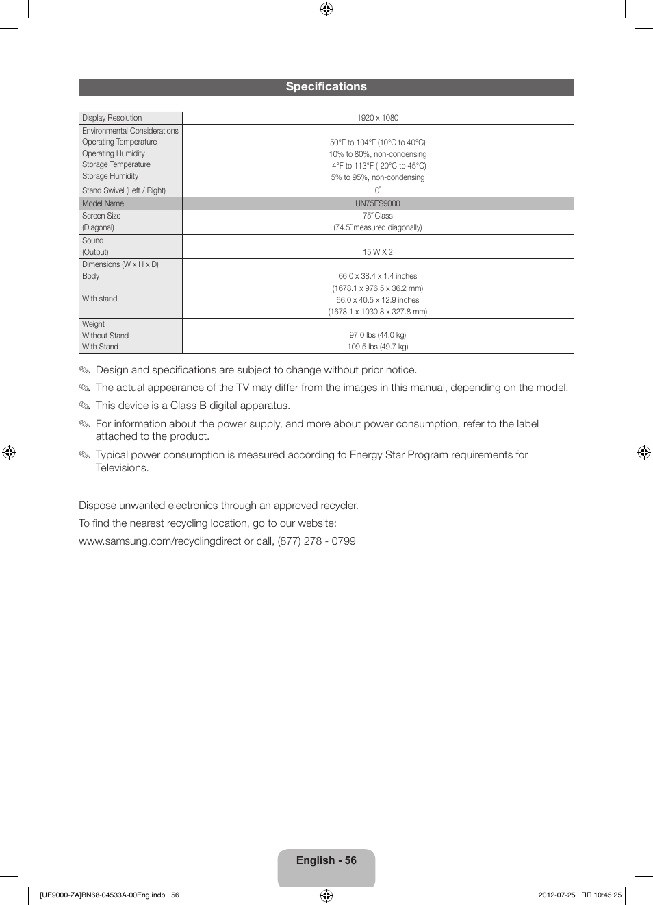 Samsung UN75ES9000FXZA User Manual | Page 56 / 62