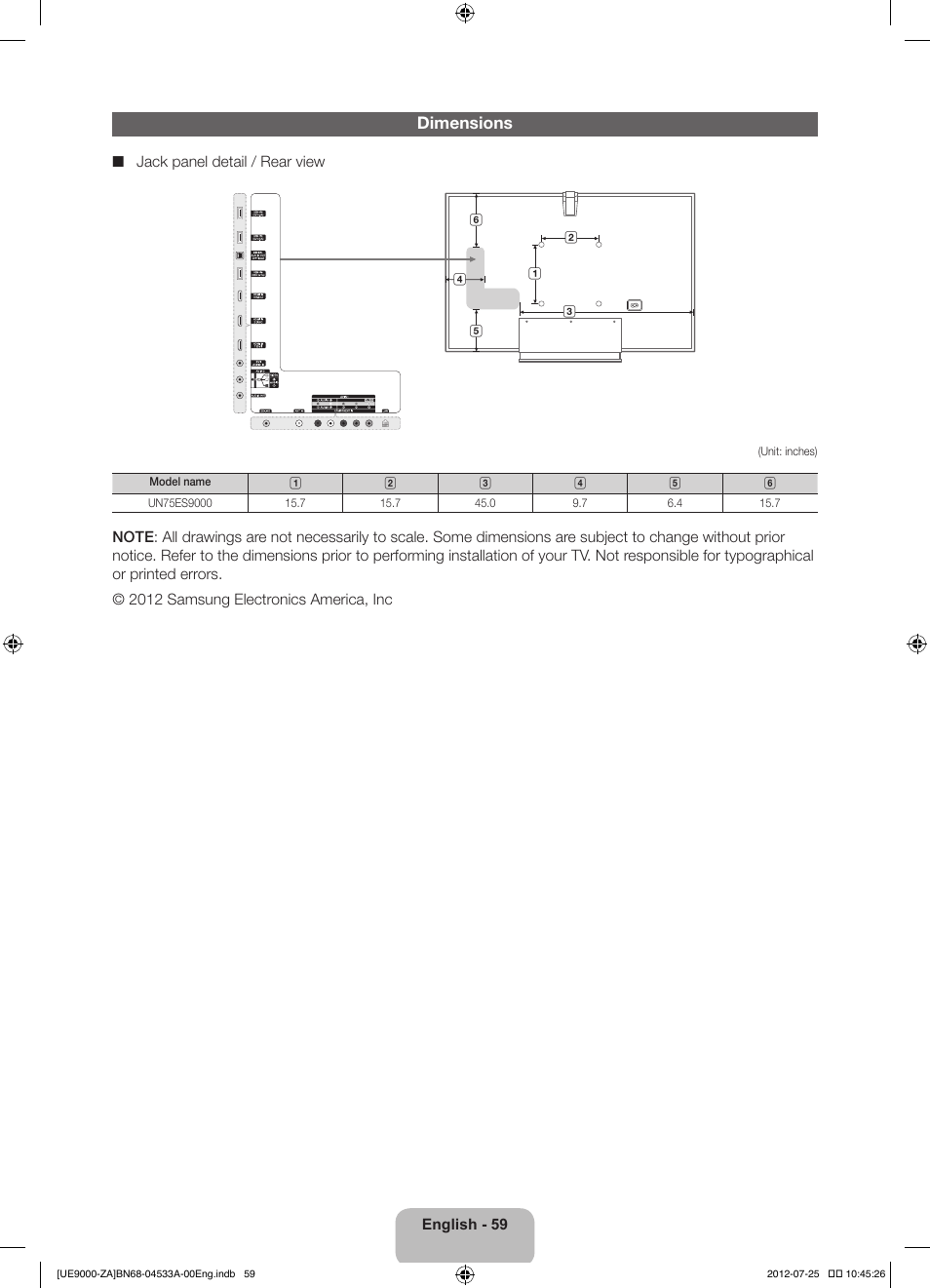 Dimensions | Samsung UN75ES9000FXZA User Manual | Page 59 / 62