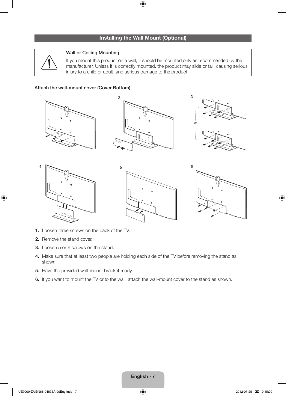 Installing the wall mount (optional) | Samsung UN75ES9000FXZA User Manual | Page 7 / 62
