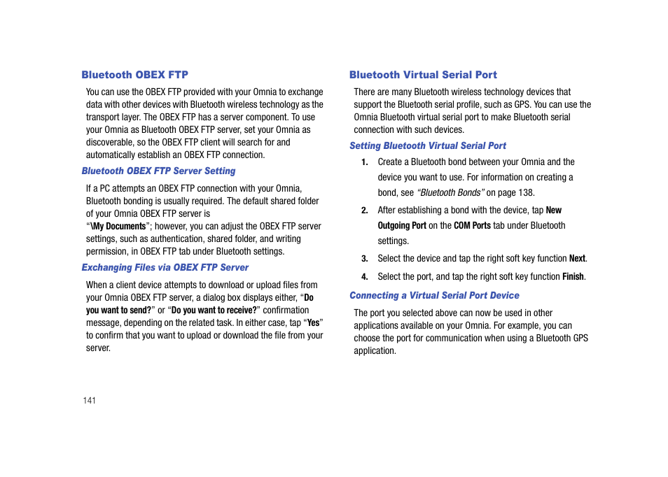 Bluetooth obex ftp, Bluetooth virtual serial port, Bluetooth obex ftp bluetooth virtual serial port | Samsung SCH-I910ZKAVZW User Manual | Page 144 / 209