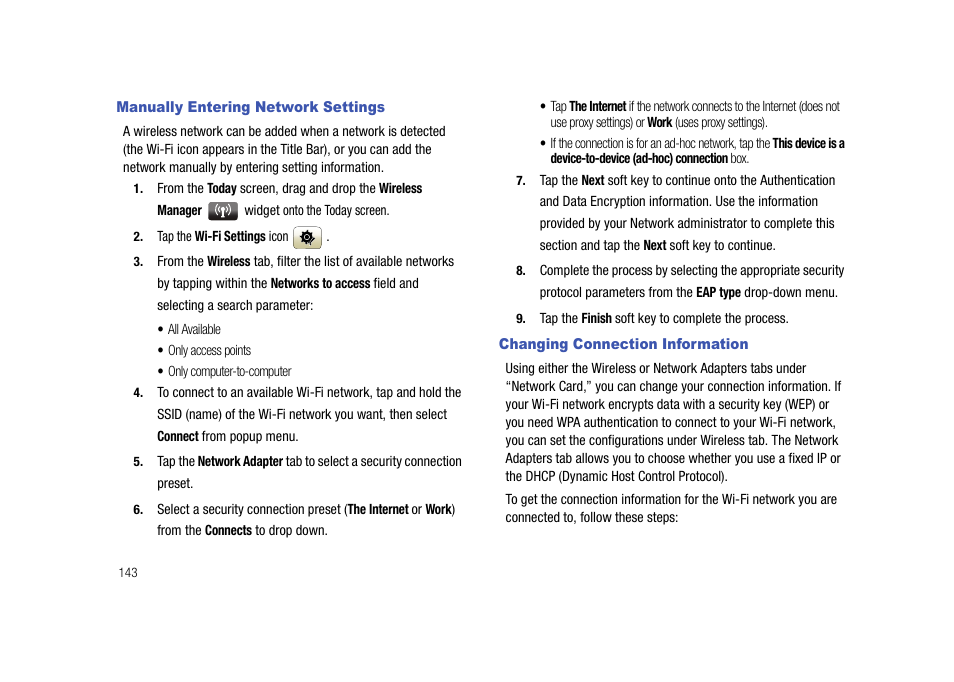 Manually entering network settings, Changing connection information | Samsung SCH-I910ZKAVZW User Manual | Page 146 / 209