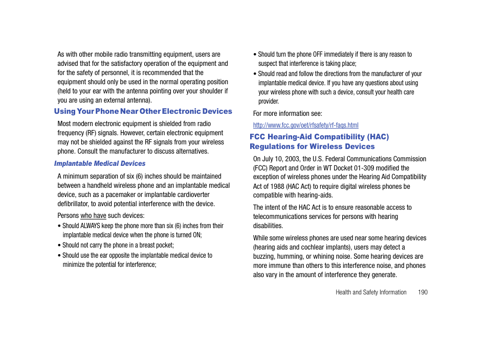 Using your phone near other electronic devices, Devices | Samsung SCH-I910ZKAVZW User Manual | Page 193 / 209