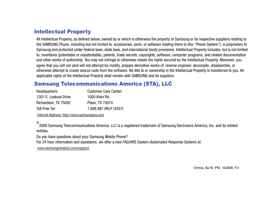Intellectual property, Samsung telecommunications america (sta), llc | Samsung SCH-I910ZKAVZW User Manual | Page 2 / 209