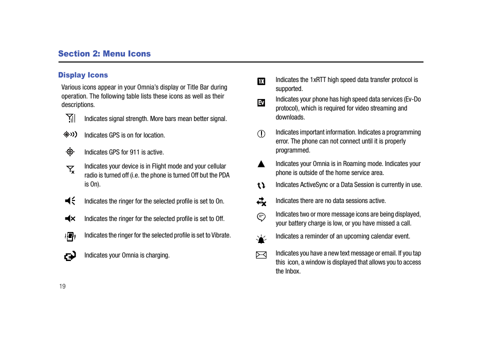 Section 2: menu icons, Display icons | Samsung SCH-I910ZKAVZW User Manual | Page 22 / 209