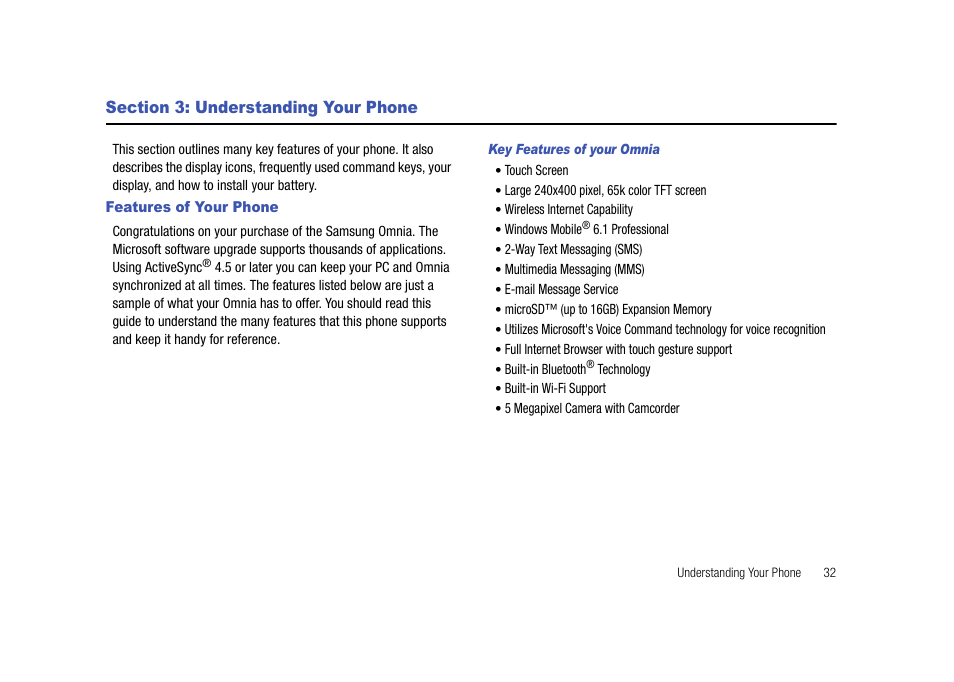 Section 3: understanding your phone, Features of your phone | Samsung SCH-I910ZKAVZW User Manual | Page 35 / 209