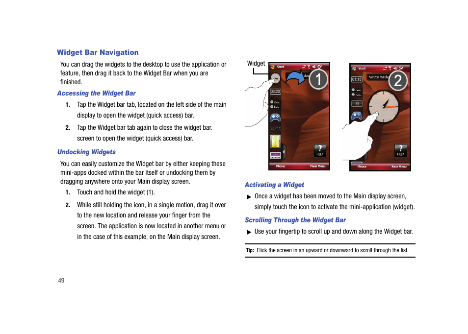 Widget bar navigation | Samsung SCH-I910ZKAVZW User Manual | Page 52 / 209
