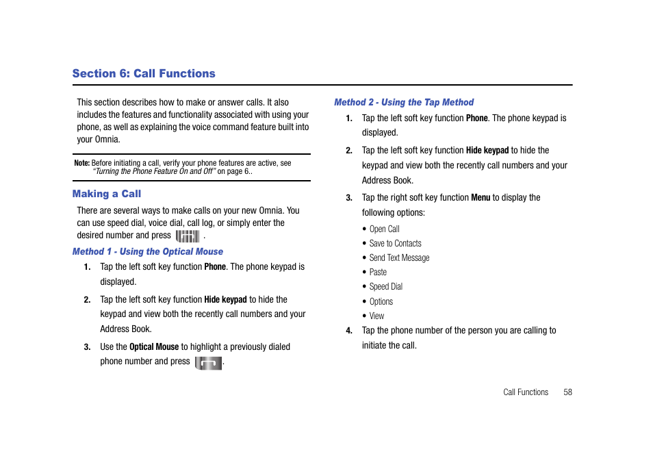 Section 6: call functions, Making a call | Samsung SCH-I910ZKAVZW User Manual | Page 61 / 209