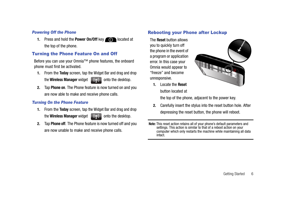 Turning the phone feature on and off, Rebooting your phone after lockup | Samsung SCH-I910ZKAVZW User Manual | Page 9 / 209