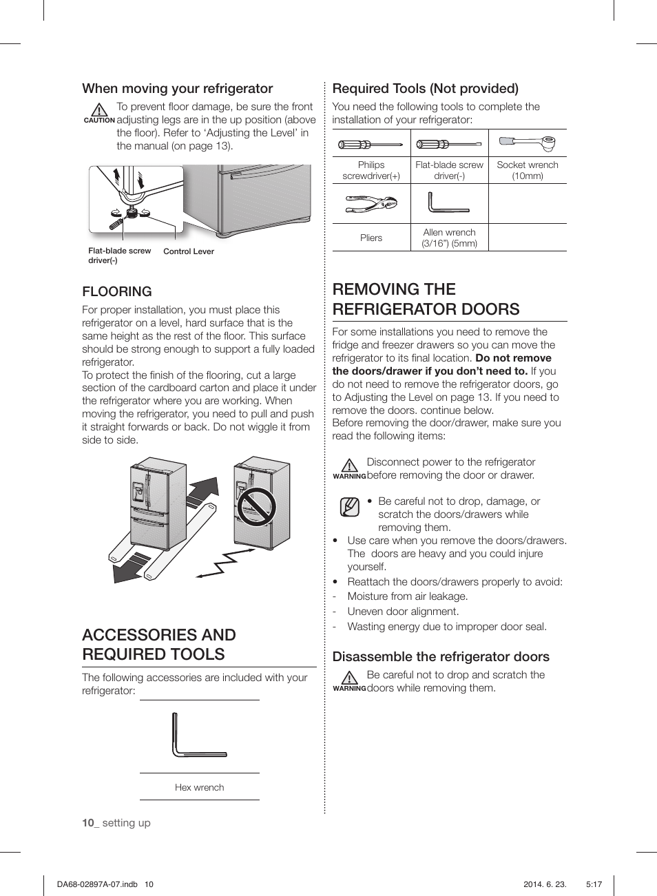 Accessories and required tools, Removing the refrigerator doors, When moving your refrigerator | Flooring, Required tools (not provided), Disassemble the refrigerator doors | Samsung RF24FSEDBSR-AA User Manual | Page 10 / 108