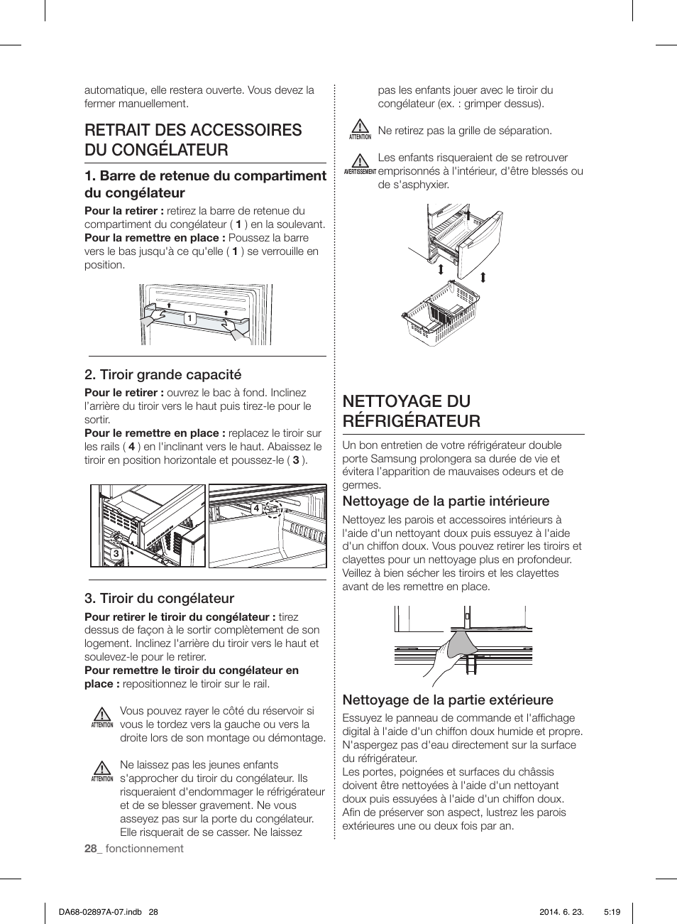 Retrait des accessoires du congélateur, Nettoyage du réfrigérateur, Barre de retenue du compartiment du congélateur | Tiroir grande capacité, Tiroir du congélateur, Nettoyage de la partie intérieure, Nettoyage de la partie extérieure | Samsung RF24FSEDBSR-AA User Manual | Page 100 / 108