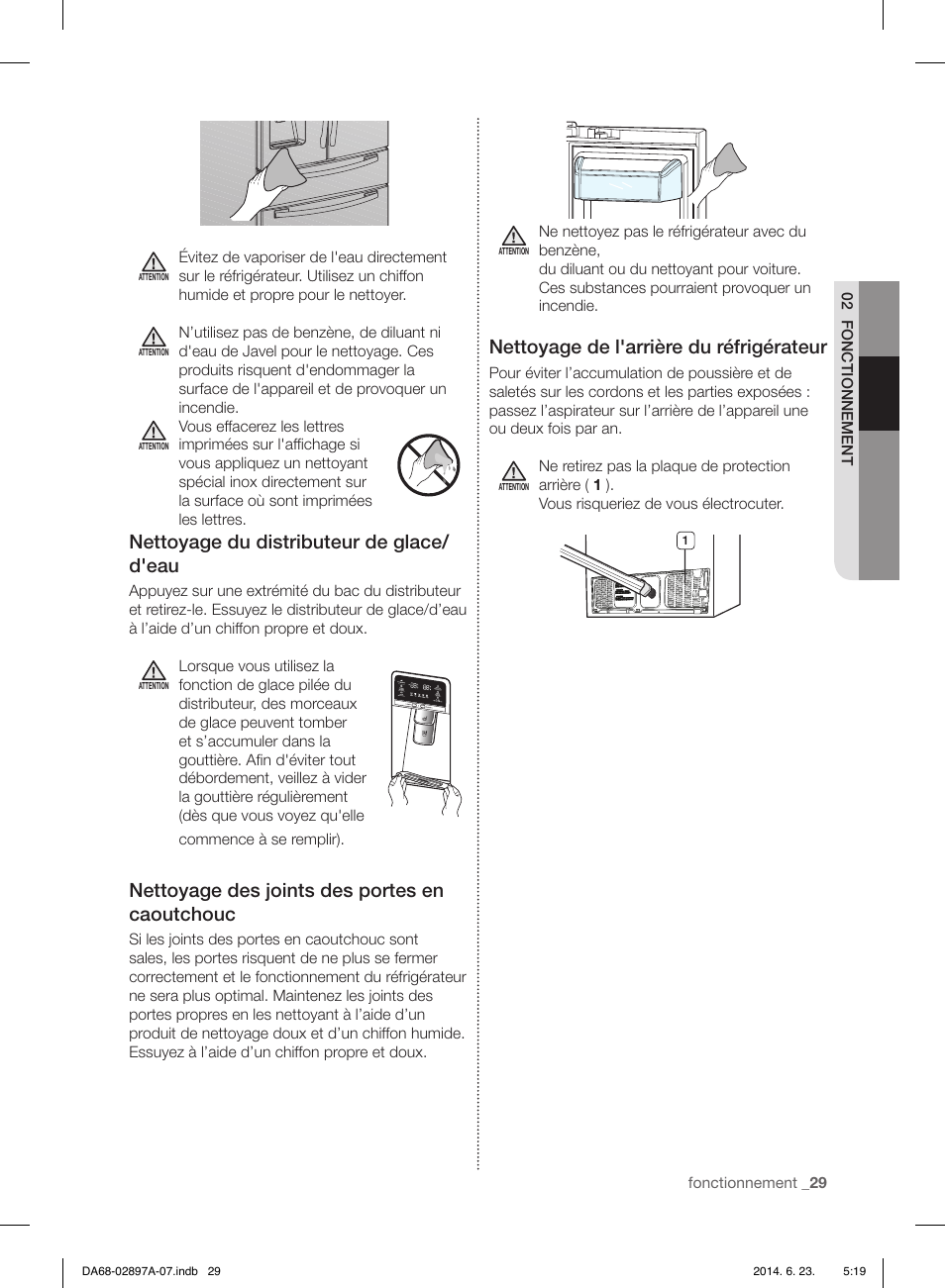 Nettoyage du distributeur de glace/ d'eau, Nettoyage des joints des portes en caoutchouc, Nettoyage de l'arrière du réfrigérateur | Samsung RF24FSEDBSR-AA User Manual | Page 101 / 108