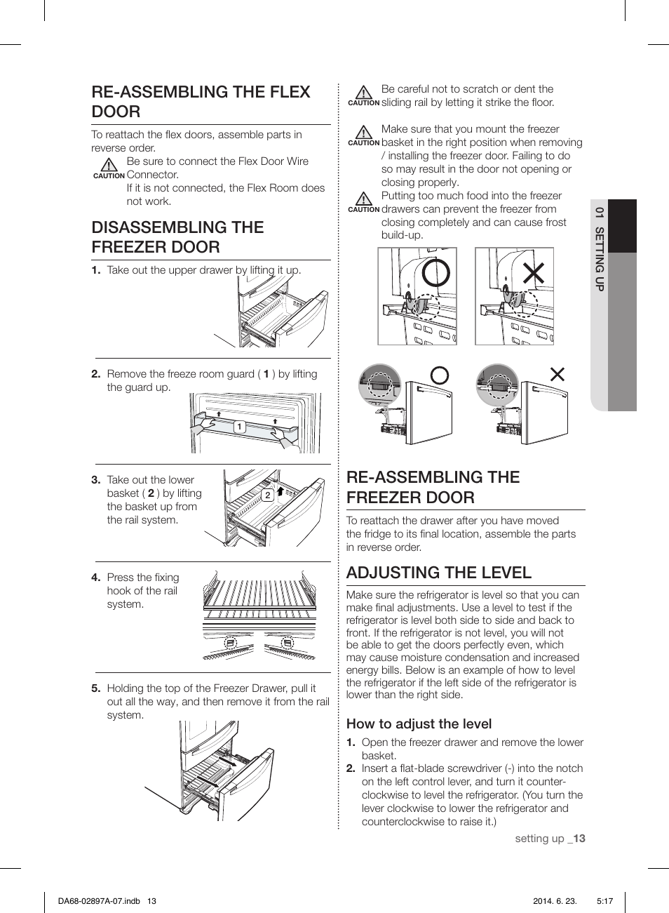 Re-assembling the flex door, Disassembling the freezer door, Re-assembling the freezer door | Adjusting the level, How to adjust the level | Samsung RF24FSEDBSR-AA User Manual | Page 13 / 108