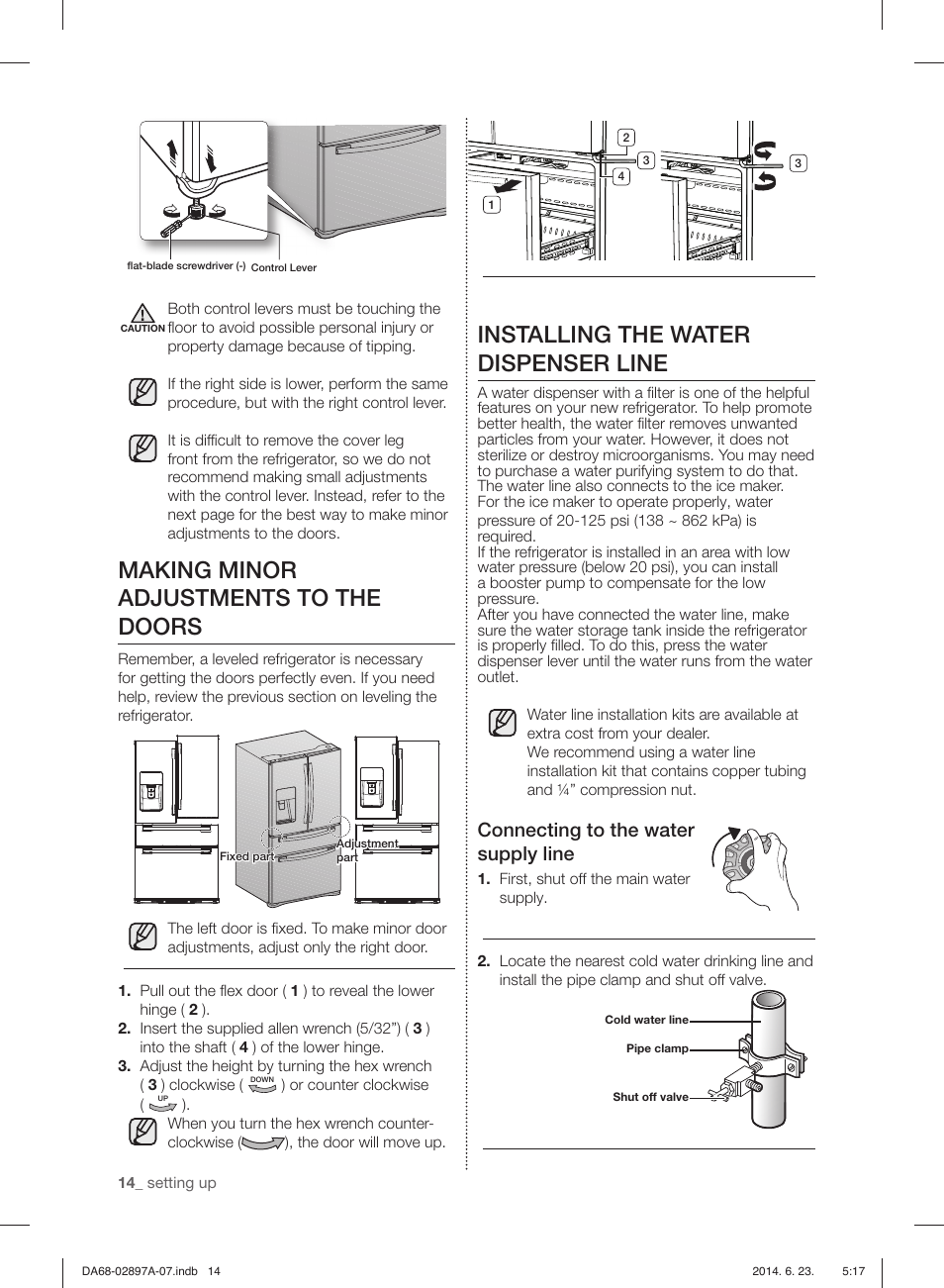 Making minor adjustments to the doors, Installing the water dispenser line, Connecting to the water supply line | Samsung RF24FSEDBSR-AA User Manual | Page 14 / 108