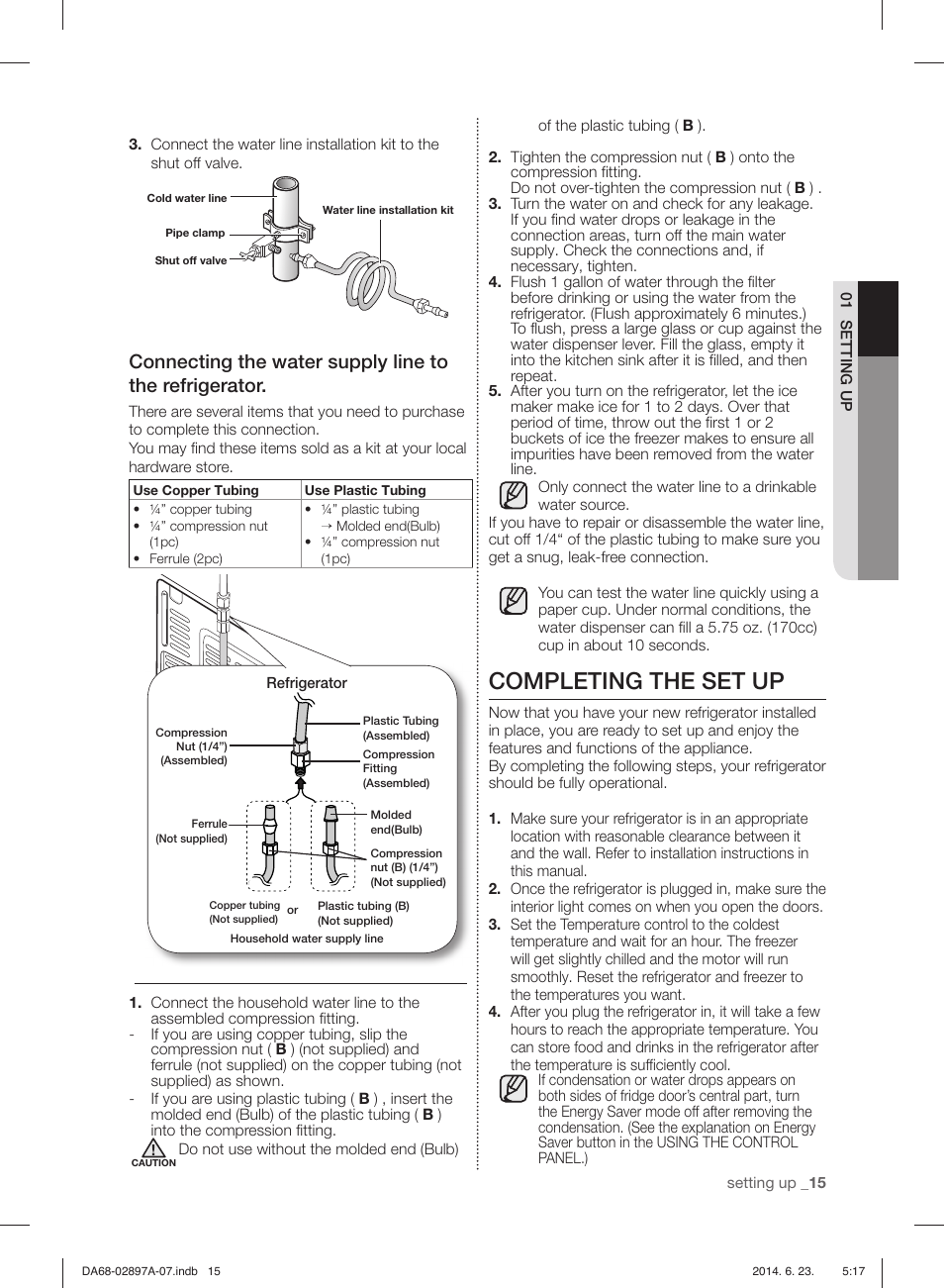 Completing the set up | Samsung RF24FSEDBSR-AA User Manual | Page 15 / 108