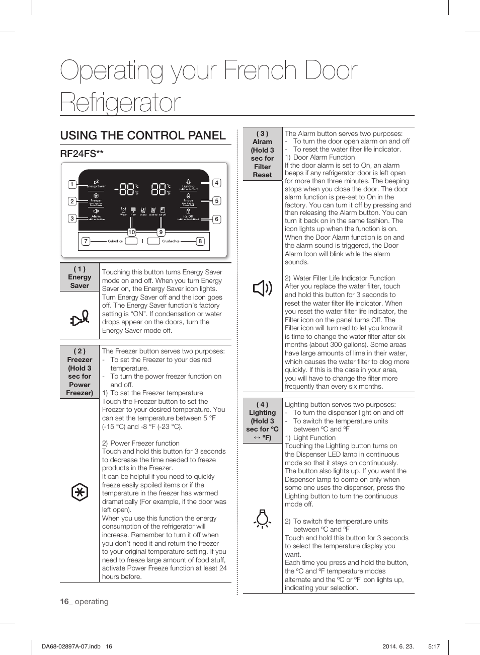 Operating your french door refrigerator, Using the control panel, Rf24fs | Samsung RF24FSEDBSR-AA User Manual | Page 16 / 108