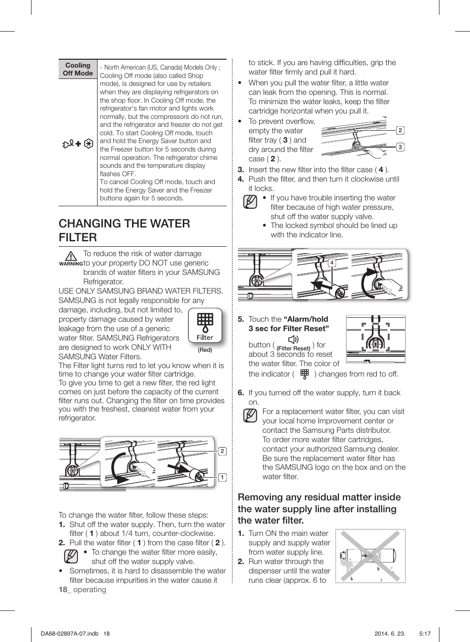 Changing the water filter | Samsung RF24FSEDBSR-AA User Manual | Page 18 / 108