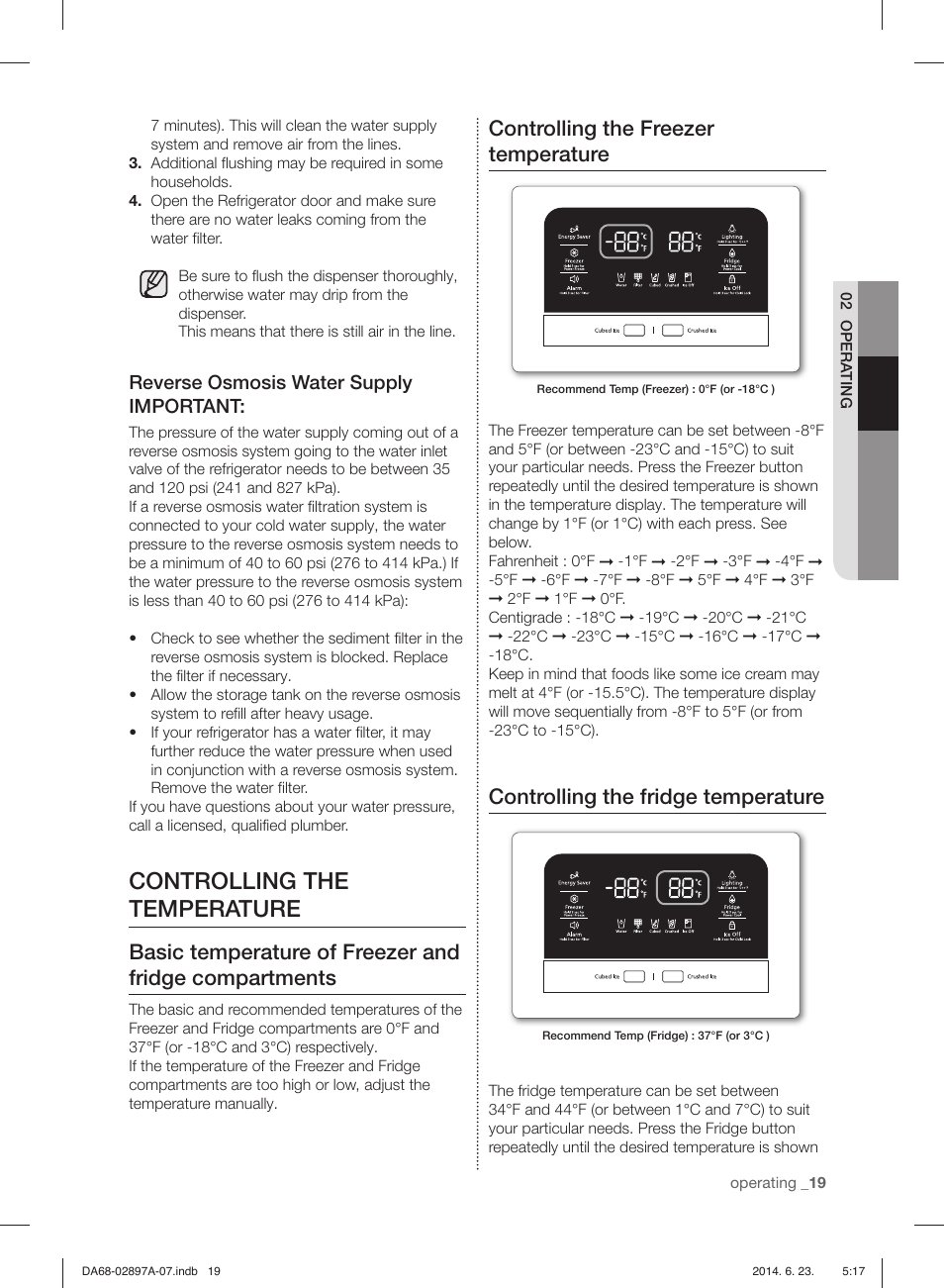 Controlling the temperature, Controlling the freezer temperature, Controlling the fridge temperature | Reverse osmosis water supply important | Samsung RF24FSEDBSR-AA User Manual | Page 19 / 108