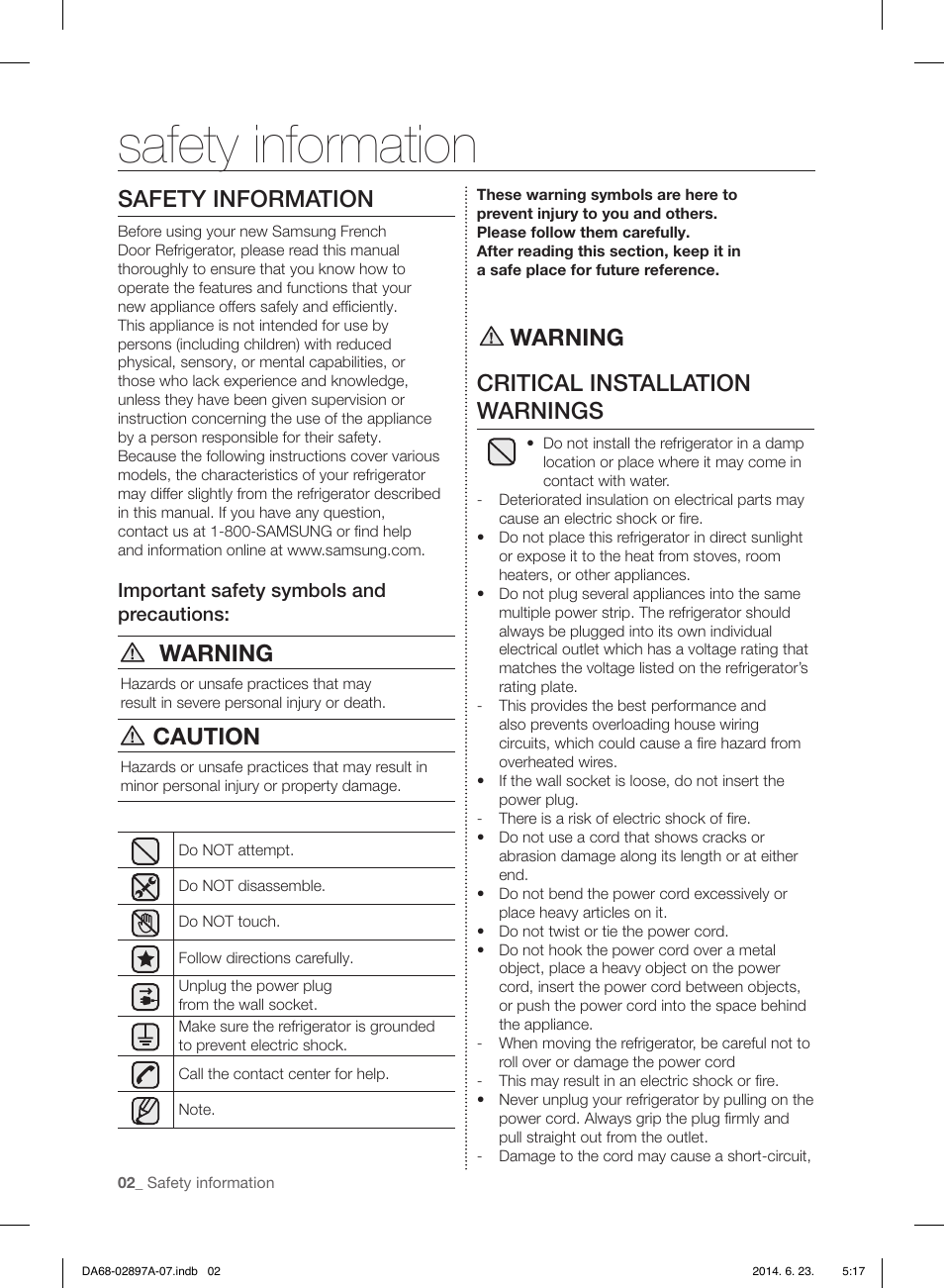 Safety information, Warning, Caution | Warning critical installation warnings | Samsung RF24FSEDBSR-AA User Manual | Page 2 / 108