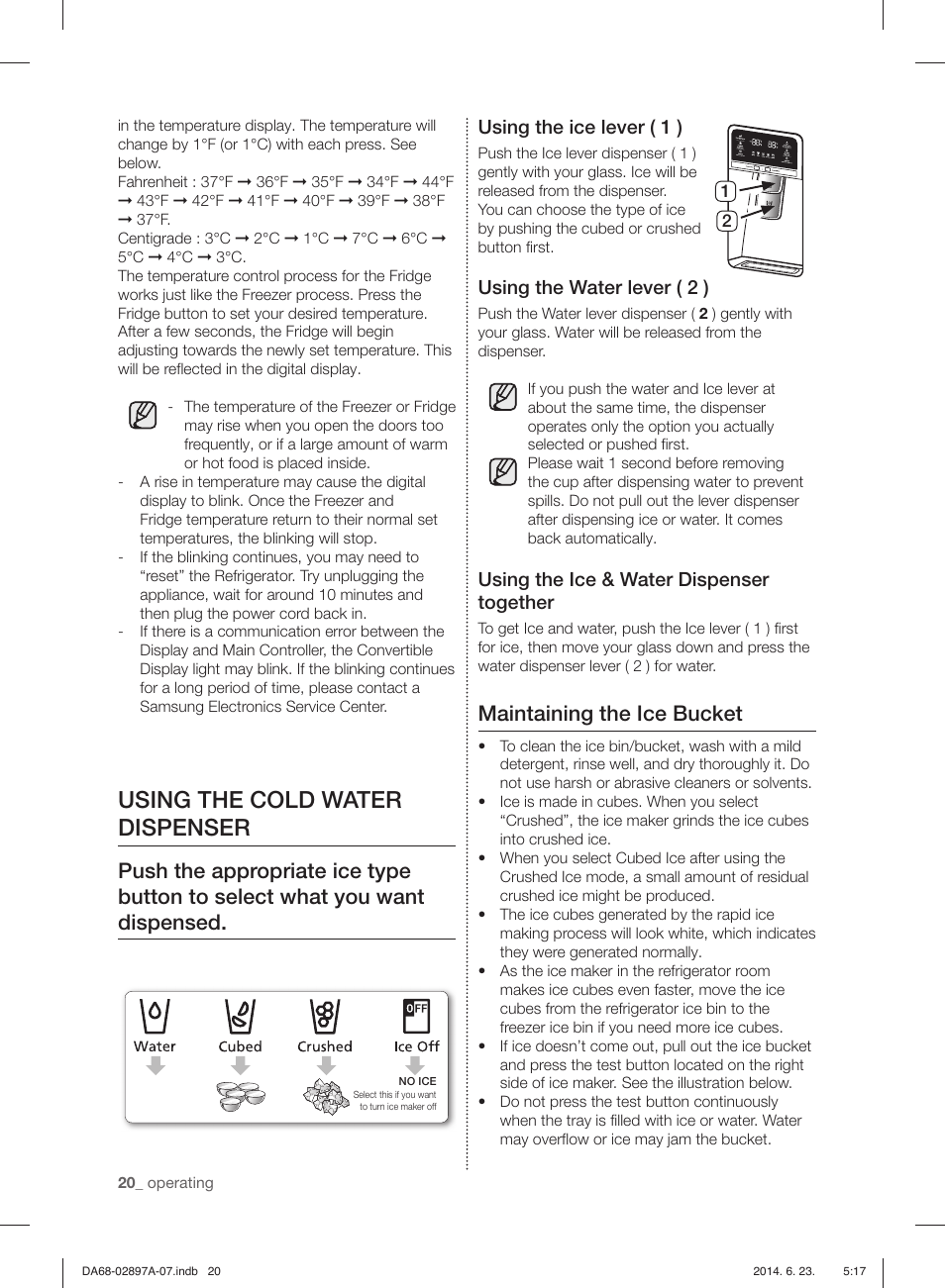 Using the cold water dispenser, Maintaining the ice bucket, Using the ice lever ( 1 ) | Using the water lever ( 2 ), Using the ice & water dispenser together | Samsung RF24FSEDBSR-AA User Manual | Page 20 / 108