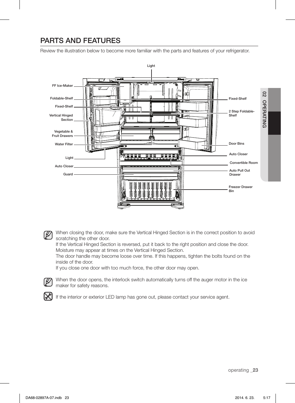 Parts and features, Operating _23 02 opera ting | Samsung RF24FSEDBSR-AA User Manual | Page 23 / 108