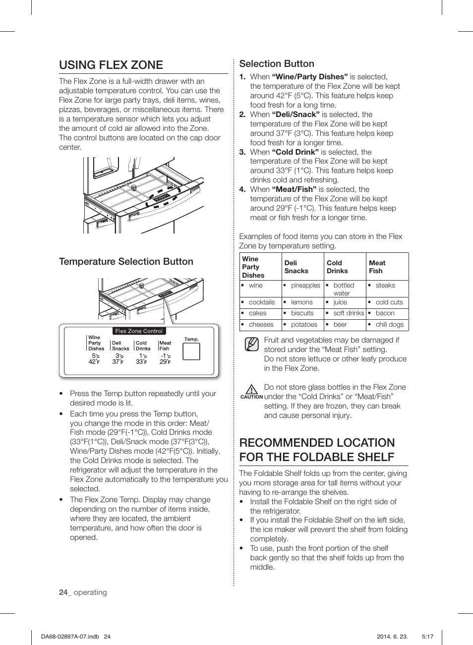 Using flex zone, Recommended location for the foldable shelf, Temperature selection button | Selection button | Samsung RF24FSEDBSR-AA User Manual | Page 24 / 108