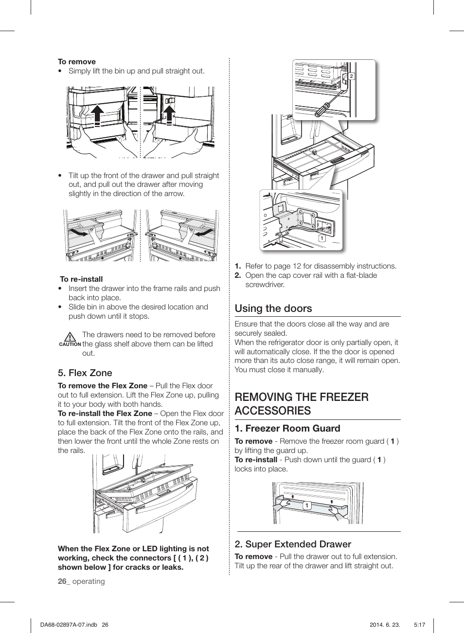 Removing the freezer accessories, Using the doors, Flex zone | Freezer room guard, Super extended drawer | Samsung RF24FSEDBSR-AA User Manual | Page 26 / 108