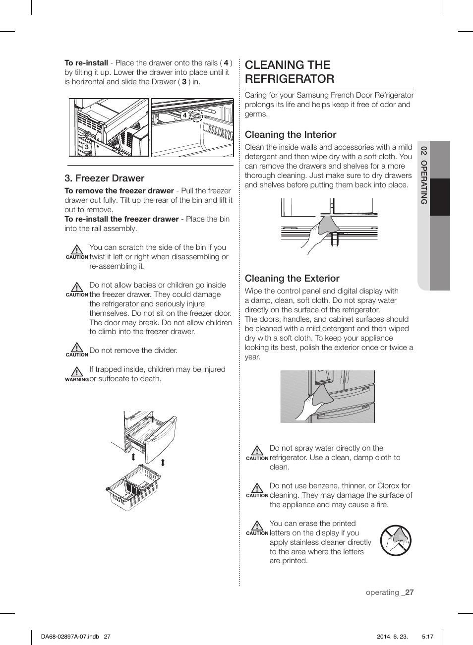 Cleaning the refrigerator, Freezer drawer, Cleaning the interior | Cleaning the exterior | Samsung RF24FSEDBSR-AA User Manual | Page 27 / 108