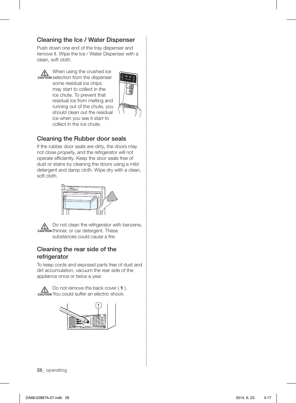 Cleaning the ice / water dispenser, Cleaning the rubber door seals, Cleaning the rear side of the refrigerator | Samsung RF24FSEDBSR-AA User Manual | Page 28 / 108