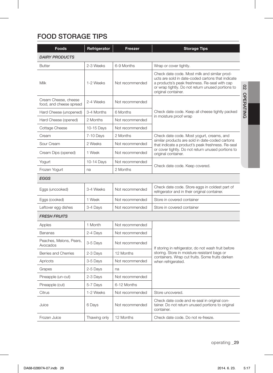 Food storage tips | Samsung RF24FSEDBSR-AA User Manual | Page 29 / 108