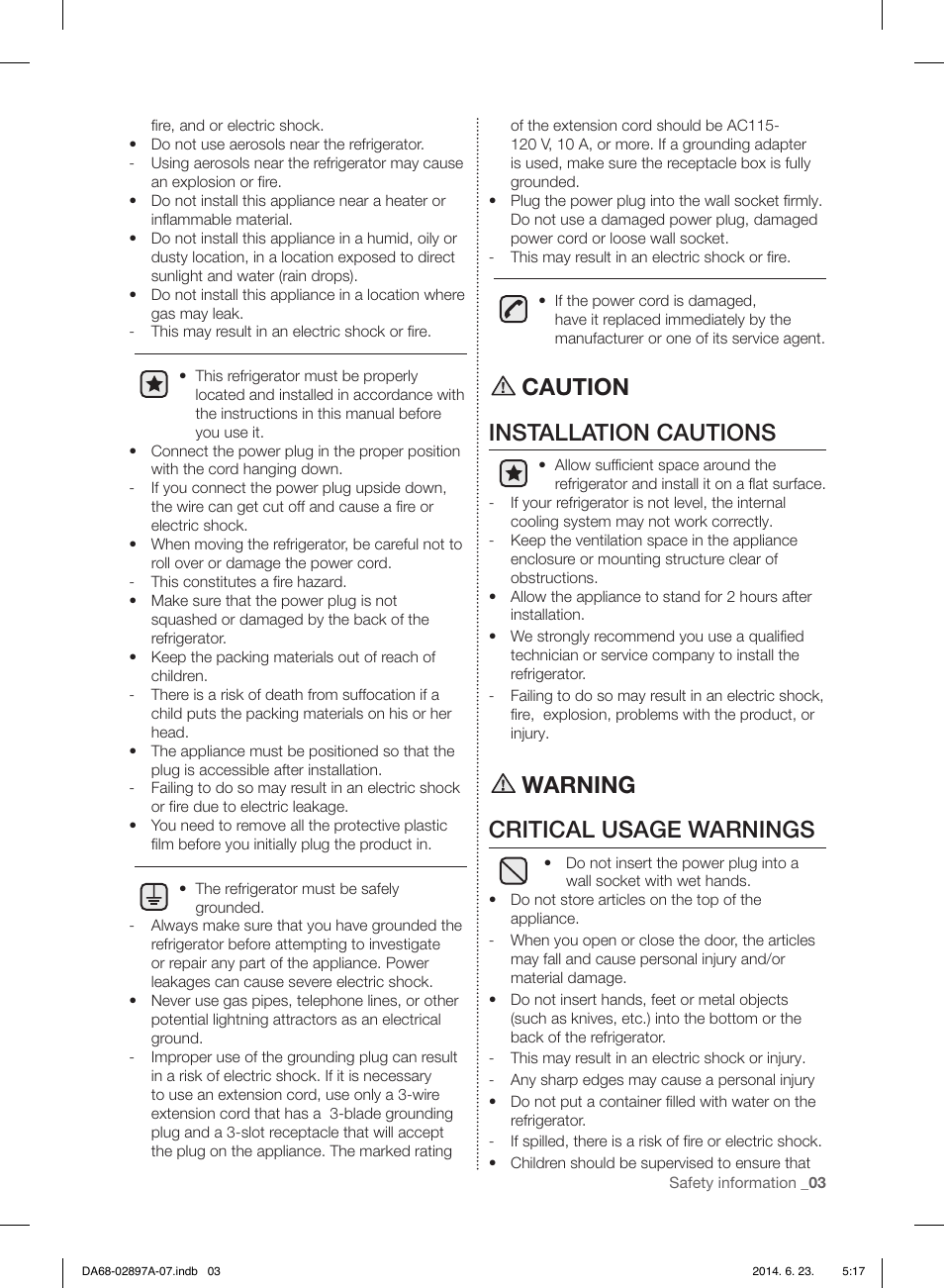 Caution installation cautions, Warning critical usage warnings | Samsung RF24FSEDBSR-AA User Manual | Page 3 / 108