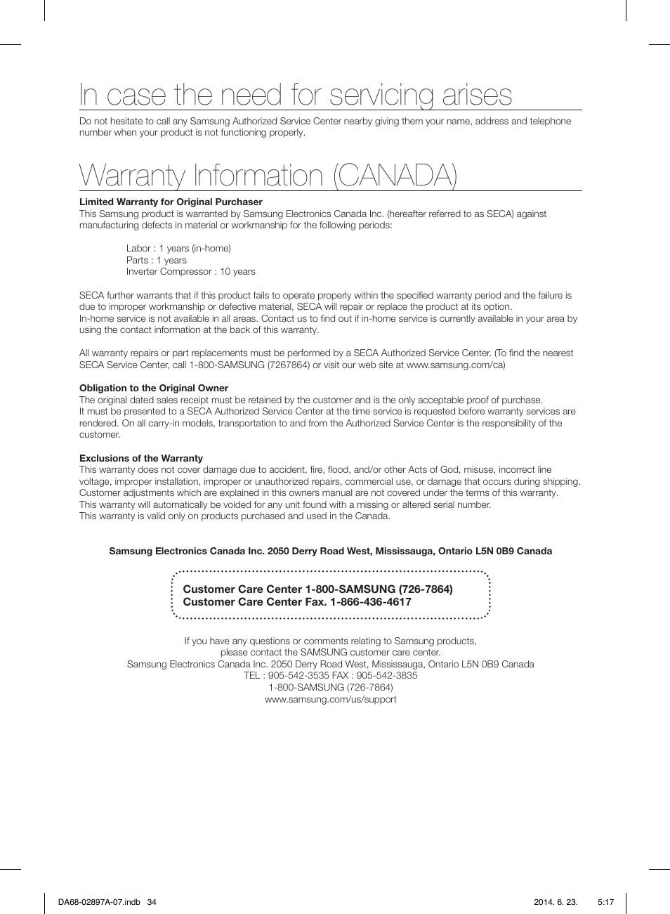 Warranty information (canada) | Samsung RF24FSEDBSR-AA User Manual | Page 34 / 108