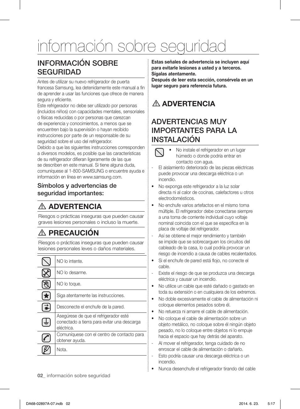 Información sobre seguridad, Advertencia, Precaución | Samsung RF24FSEDBSR-AA User Manual | Page 38 / 108