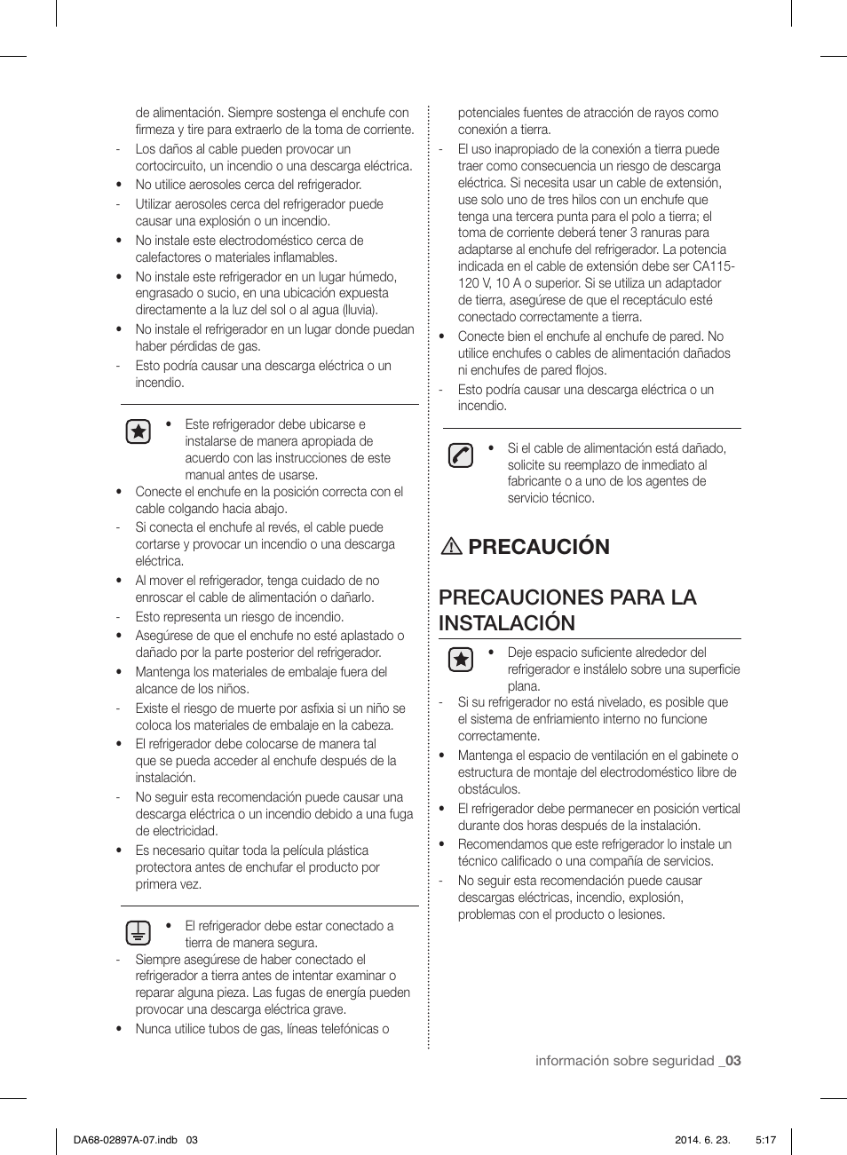 Precaución precauciones para la instalación | Samsung RF24FSEDBSR-AA User Manual | Page 39 / 108