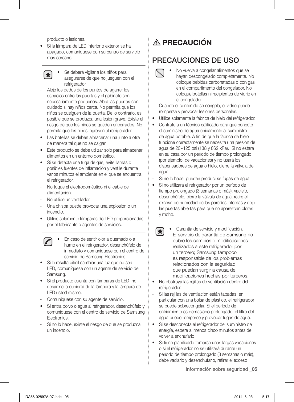 Precaución precauciones de uso | Samsung RF24FSEDBSR-AA User Manual | Page 41 / 108