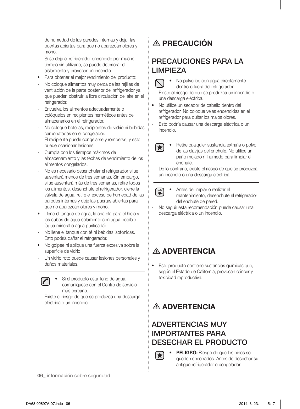 Precaución precauciones para la limpieza, Advertencia | Samsung RF24FSEDBSR-AA User Manual | Page 42 / 108