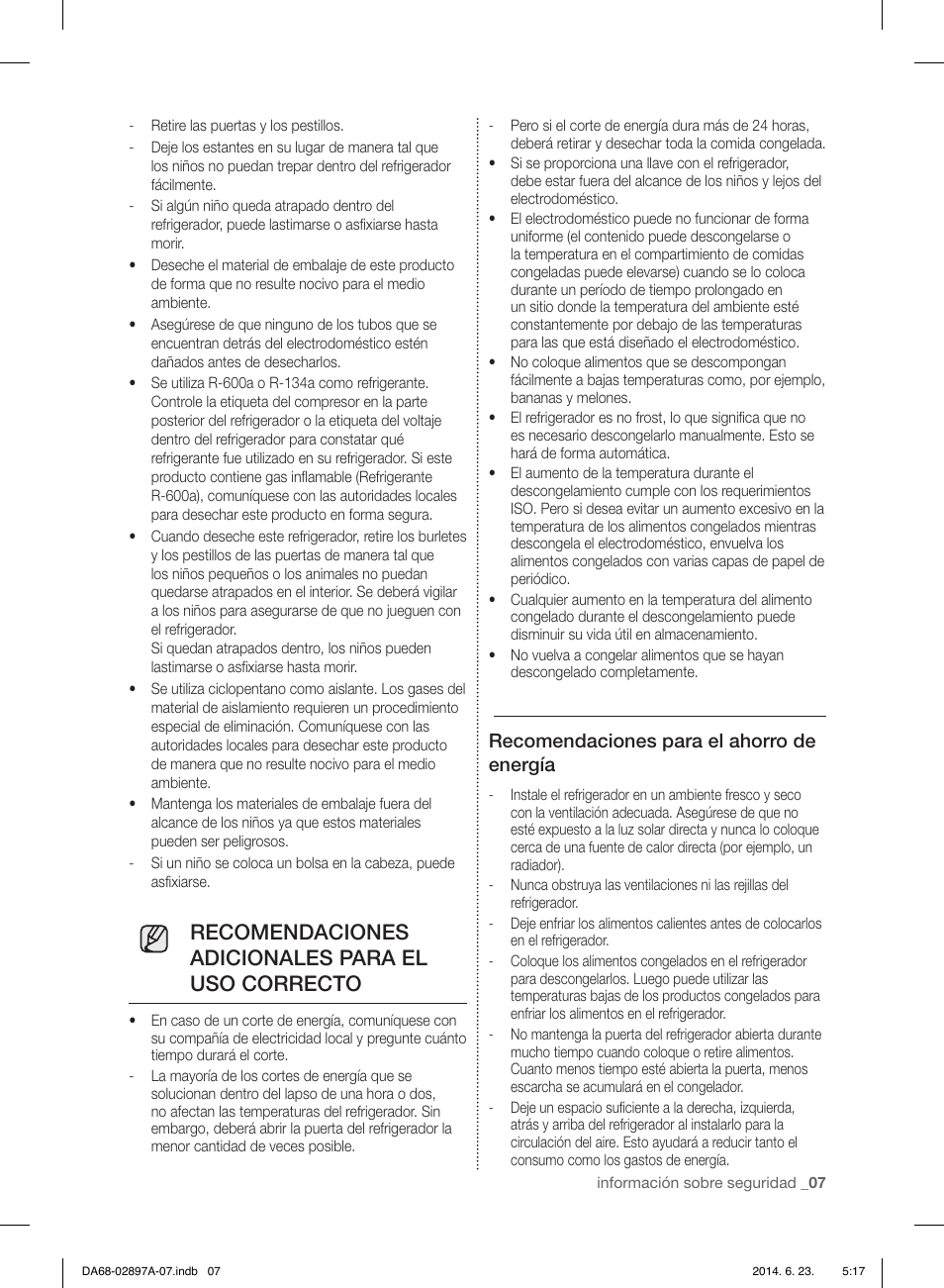 Recomendaciones adicionales para el uso correcto, Recomendaciones para el ahorro de energía | Samsung RF24FSEDBSR-AA User Manual | Page 43 / 108