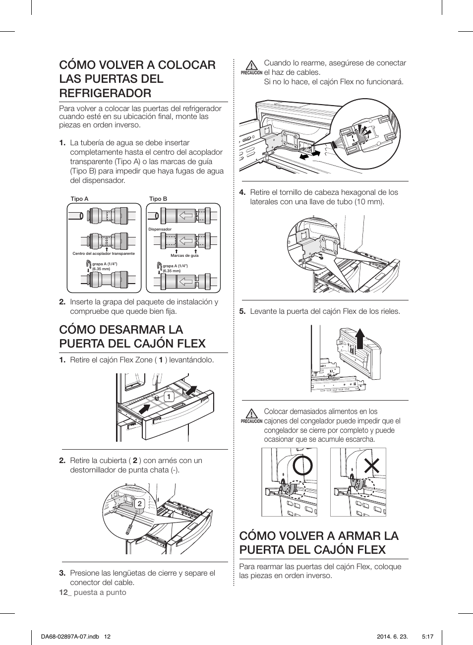 Cómo volver a colocar las puertas del refrigerador, Cómo desarmar la puerta del cajón flex, Cómo volver a armar la puerta del cajón flex | Samsung RF24FSEDBSR-AA User Manual | Page 48 / 108