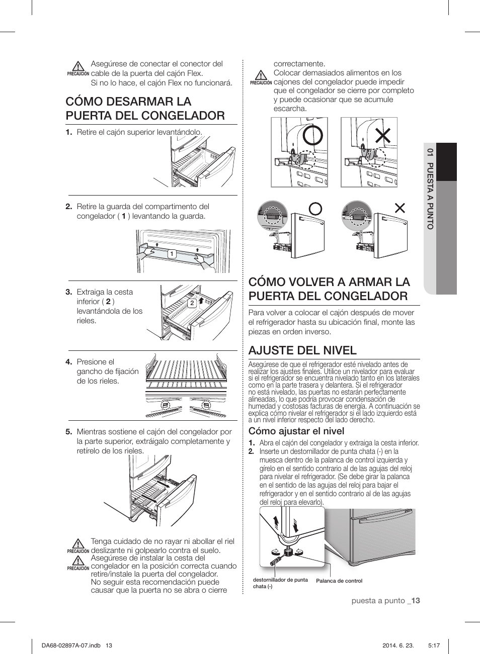 Cómo desarmar la puerta del congelador, Cómo volver a armar la puerta del congelador, Ajuste del nivel | Cómo ajustar el nivel | Samsung RF24FSEDBSR-AA User Manual | Page 49 / 108