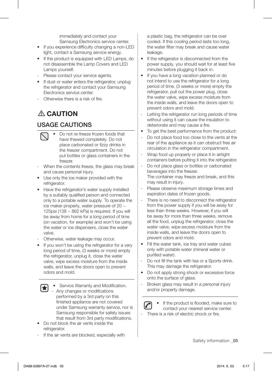 Caution, Usage cautions | Samsung RF24FSEDBSR-AA User Manual | Page 5 / 108