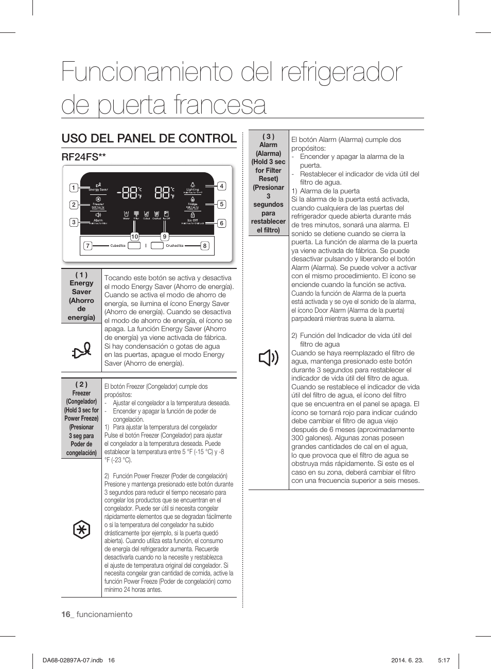 Funcionamiento del refrigerador de puerta francesa, Uso del panel de control, Rf24fs | Samsung RF24FSEDBSR-AA User Manual | Page 52 / 108