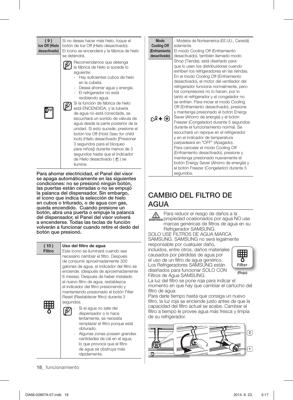 Cambio del filtro de agua | Samsung RF24FSEDBSR-AA User Manual | Page 54 / 108