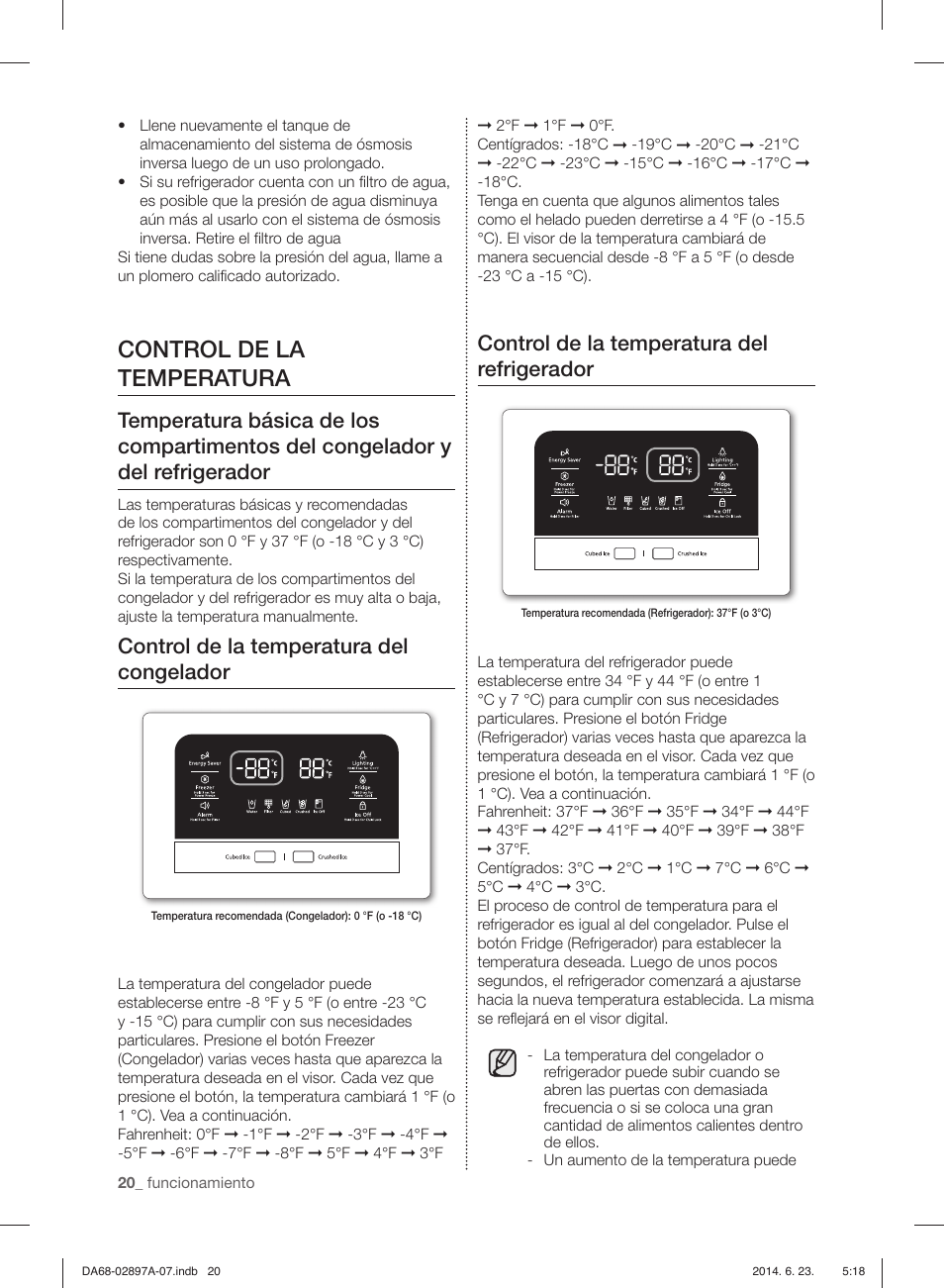 Control de la temperatura, Control de la temperatura del congelador, Control de la temperatura del refrigerador | Samsung RF24FSEDBSR-AA User Manual | Page 56 / 108