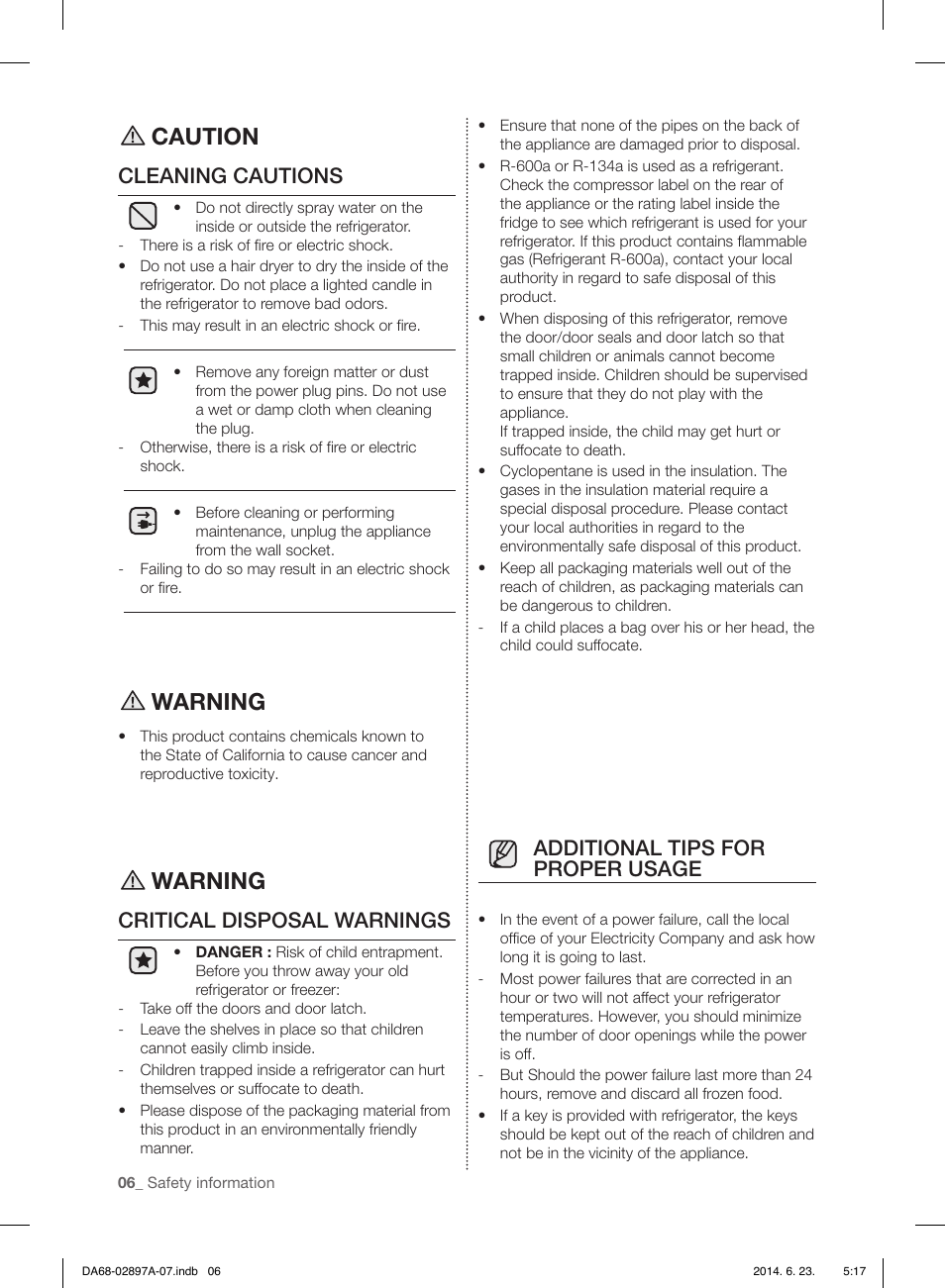 Caution, Warning, Cleaning cautions | Critical disposal warnings, Additional tips for proper usage | Samsung RF24FSEDBSR-AA User Manual | Page 6 / 108