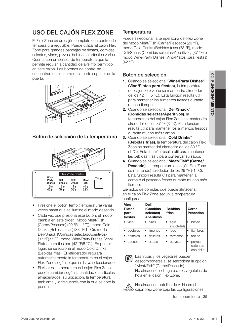 Uso del cajón flex zone, Botón de selección de la temperatura, Temperatura | Botón de selección | Samsung RF24FSEDBSR-AA User Manual | Page 61 / 108